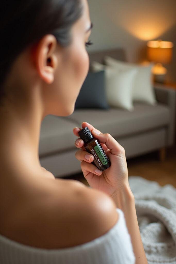 Person applying muscle relief essential oil roller on shoulder to soothe sore muscles in a comfortable environment.