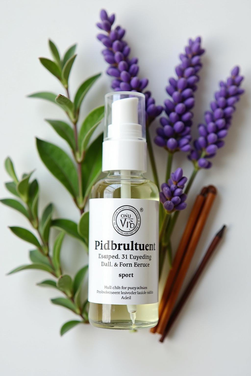 Natural ingredients including lavender, peppermint, eucalyptus, and clove displayed around a muscle relief essential oil roller bottle.