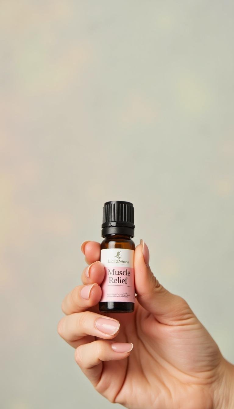 Hand holding a muscle relief essential oil roller with 'Muscle Relief' label on a pastel background for relaxation.
