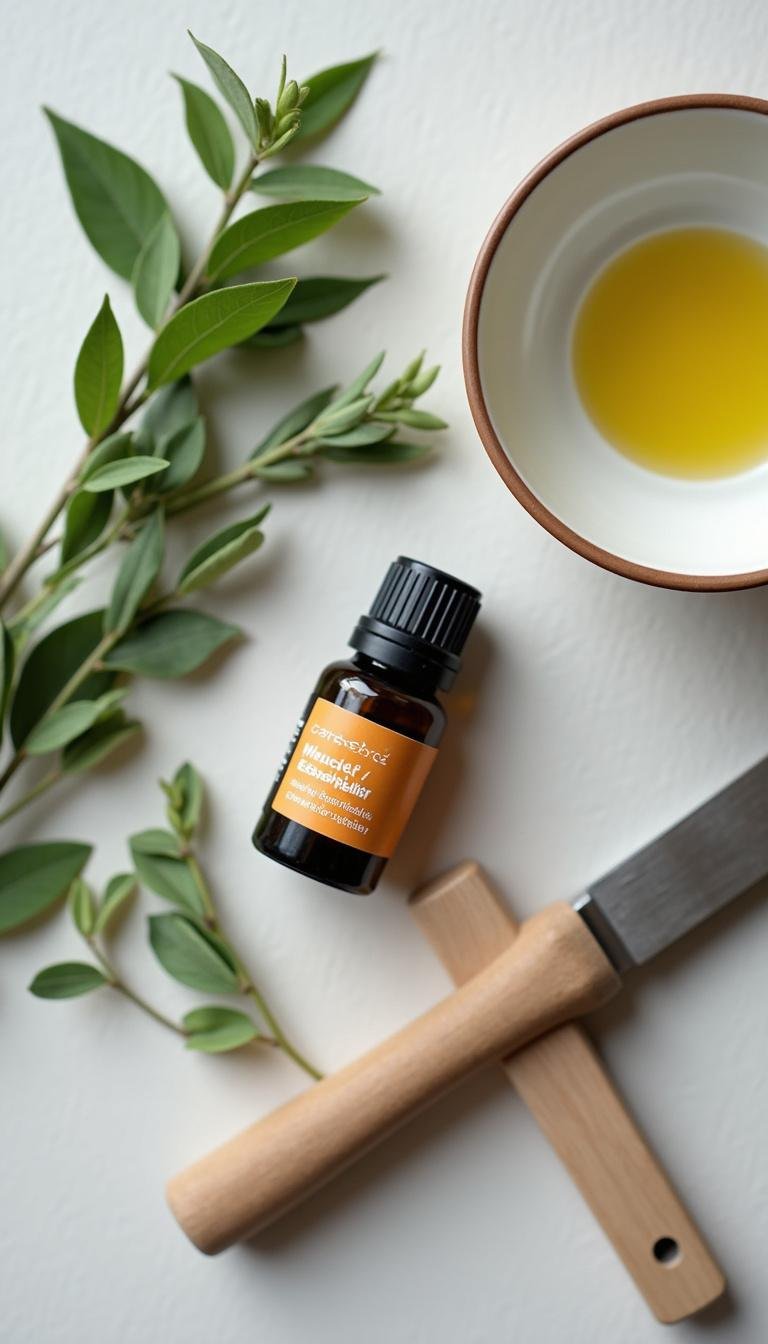 Flat-lay of herbal ingredients and a muscle relief essential oil roller bottle arranged neatly for natural pain relief.