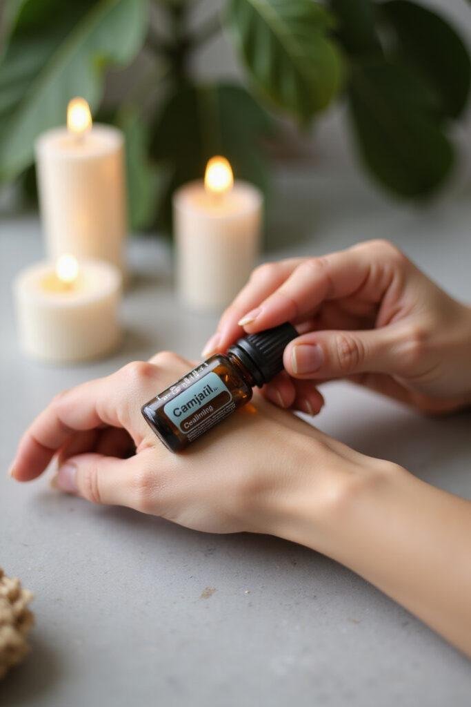 Person applying stress relief essential oil roller to wrist for relaxation