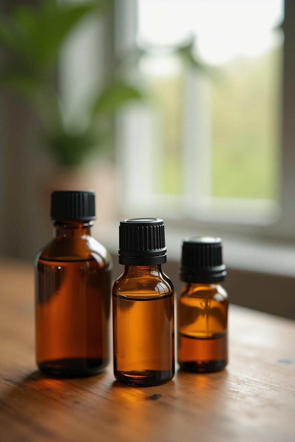 Assortment of essential oil bottles used for stress relief roller recipes