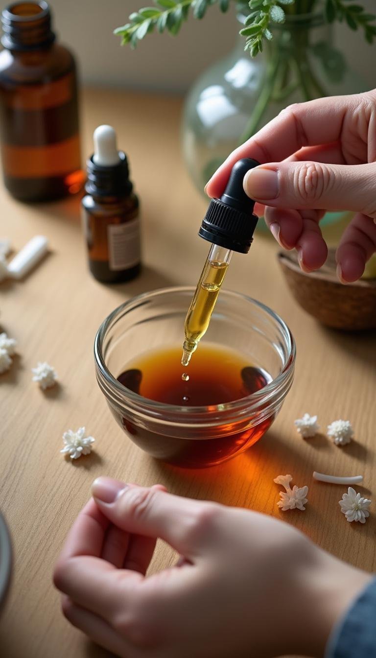 Person blending essential oils for stress relief roller in a glass bowl