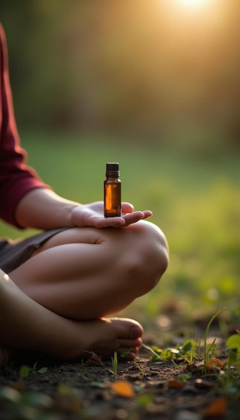 Person applying stress relief essential oil roller outdoors in a peaceful garden setting