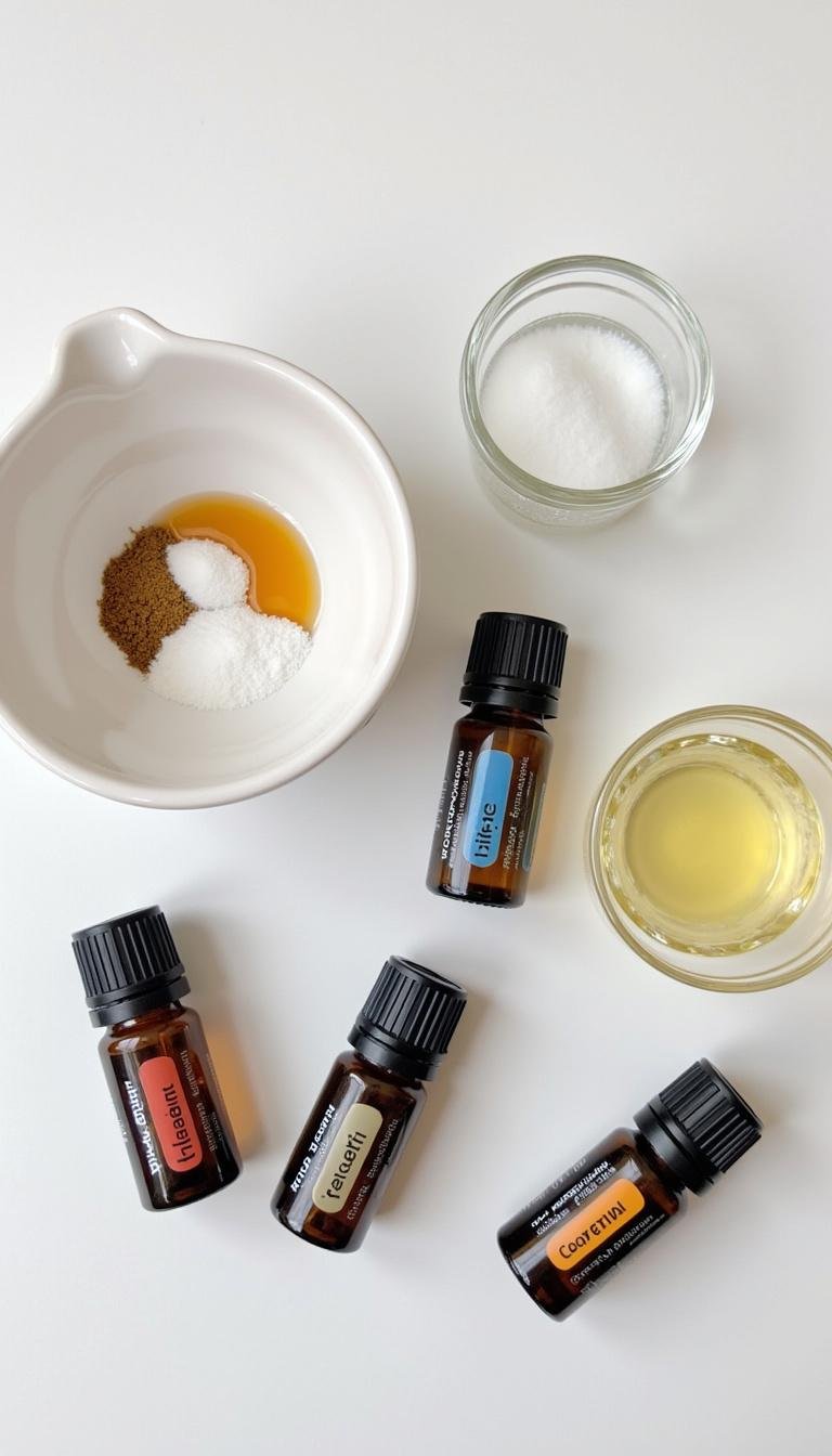 DIY stress relief essential oil roller kit arranged on a table showing ingredients and tools