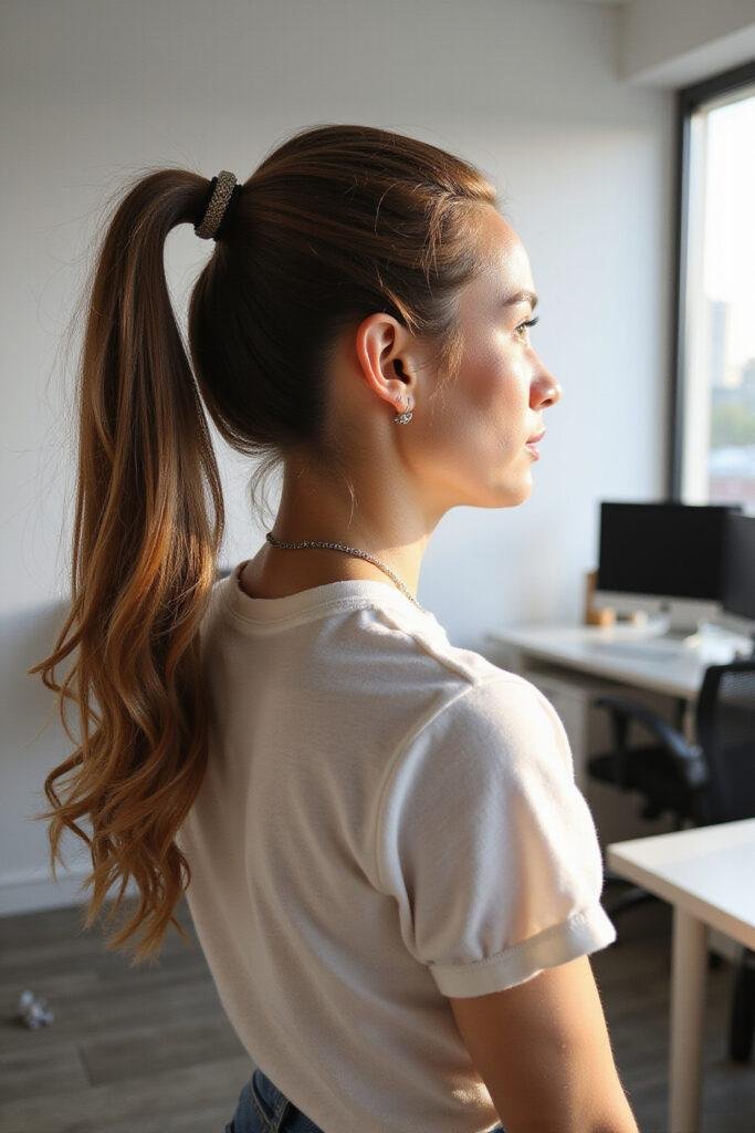 Professional woman with a sleek high ponytail in an office setting on a summer day, ready for work.