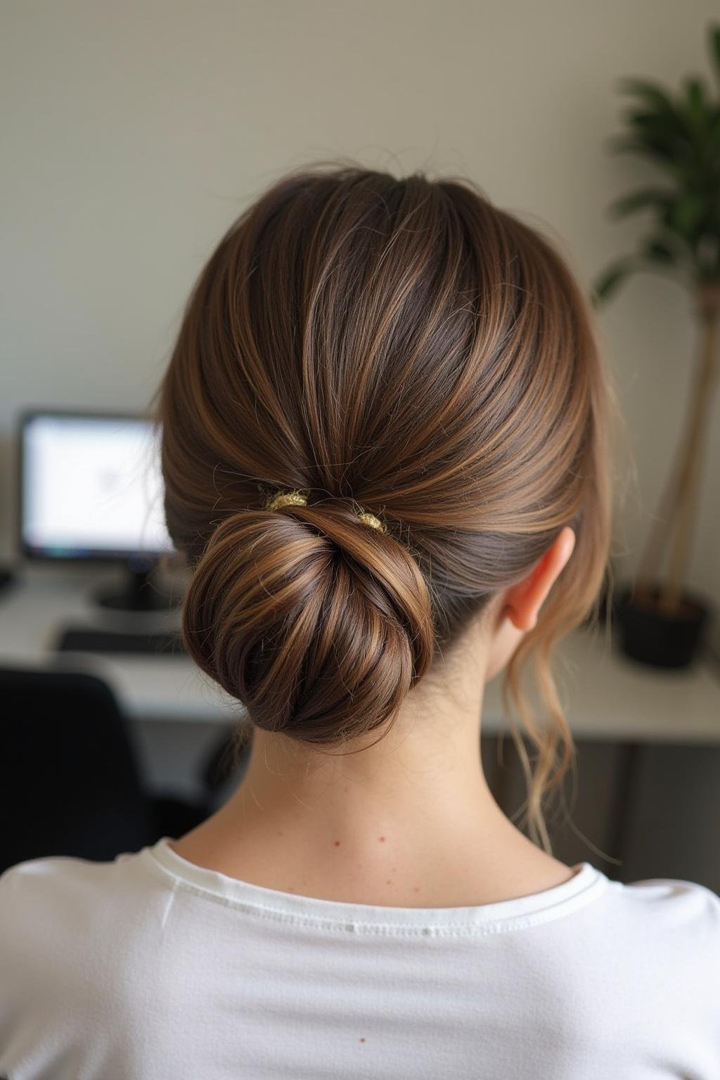 Elegant woman with a low bun and gentle waves, perfect for summer workdays.