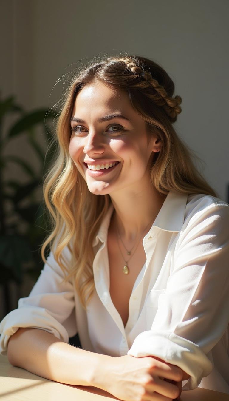 Woman with a casual braided crown hairstyle at her workspace, suitable for summer work attire.