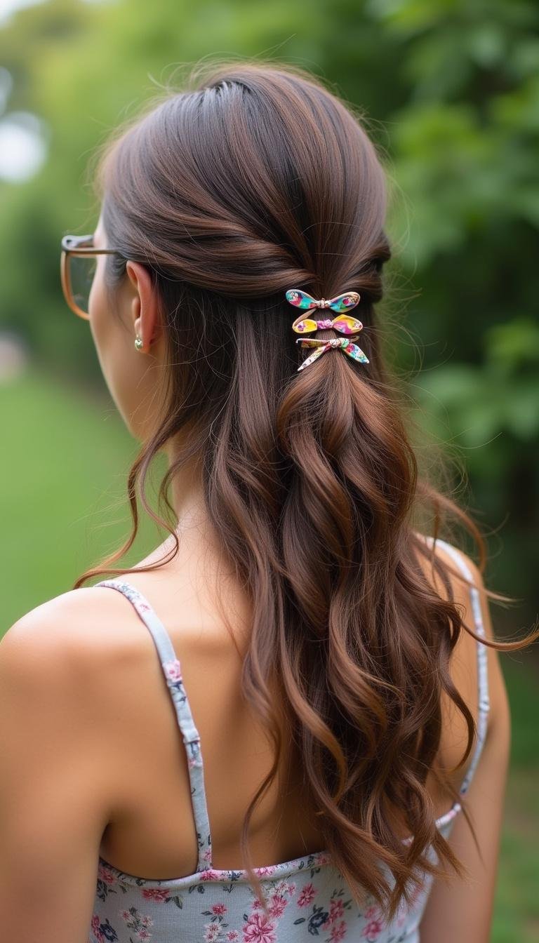 Casual yet professional half-up hairstyle with a decorative clip, ideal for summer workdays.