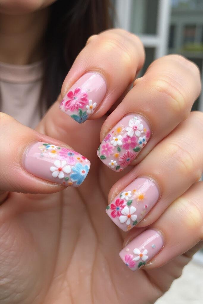 Close-up of summer flower nails with 3D flowers and bright colors for a fresh and trendy look