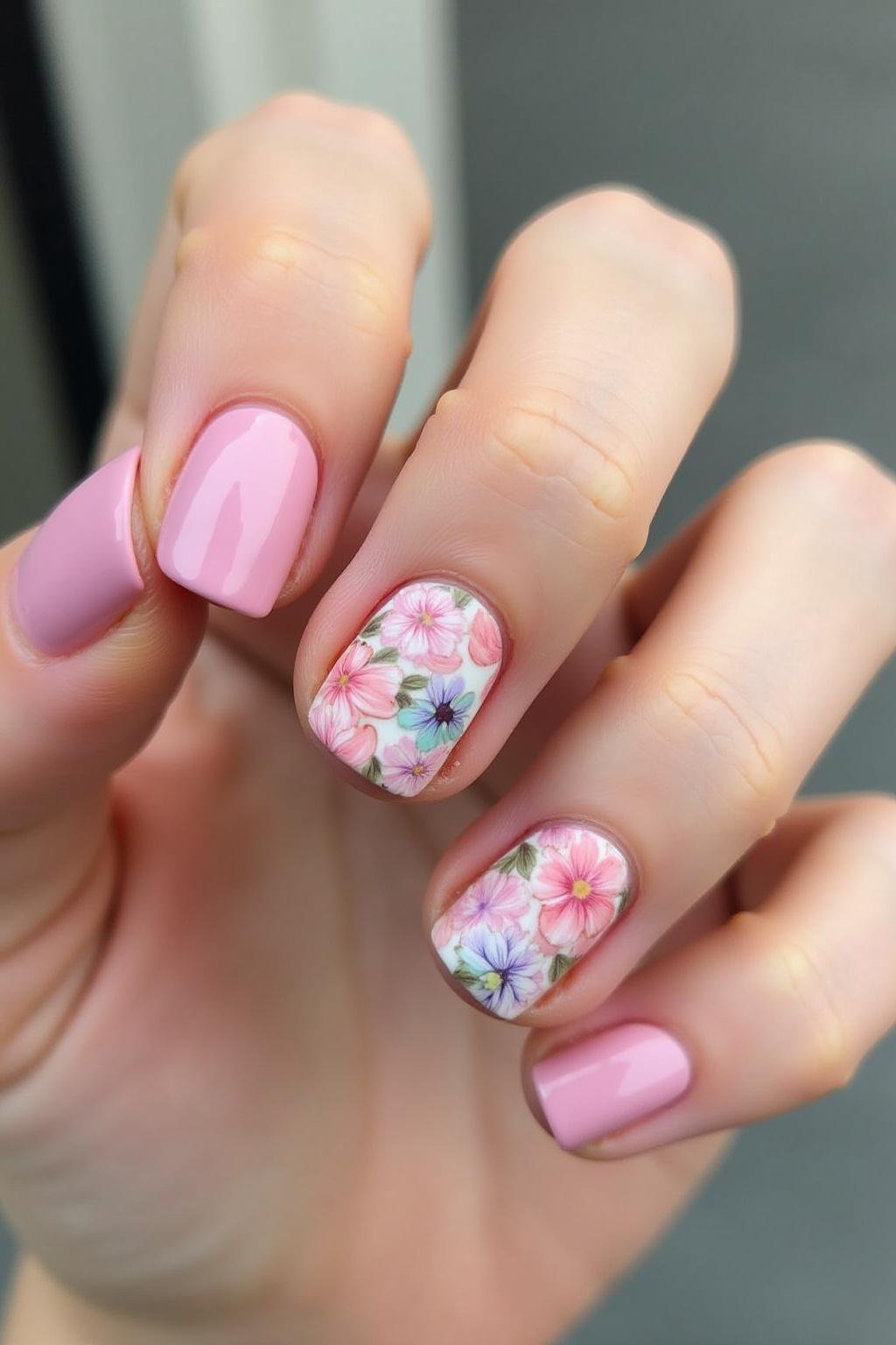 Side view of summer floral nails with 3D flowers and trendy designs on well-manicured hands