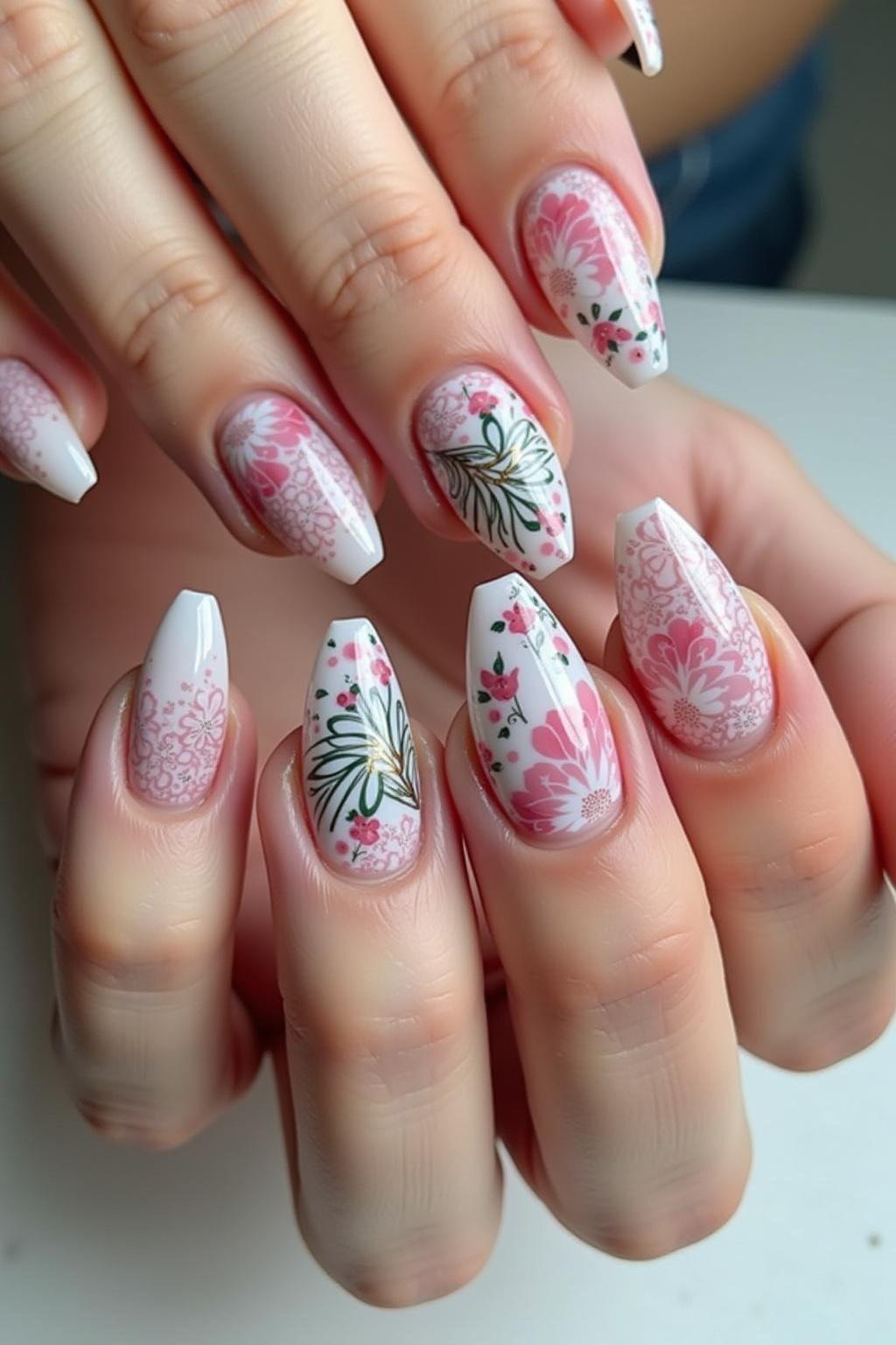 Top-down view of colorful summer nails with floral patterns and 3D embellishments