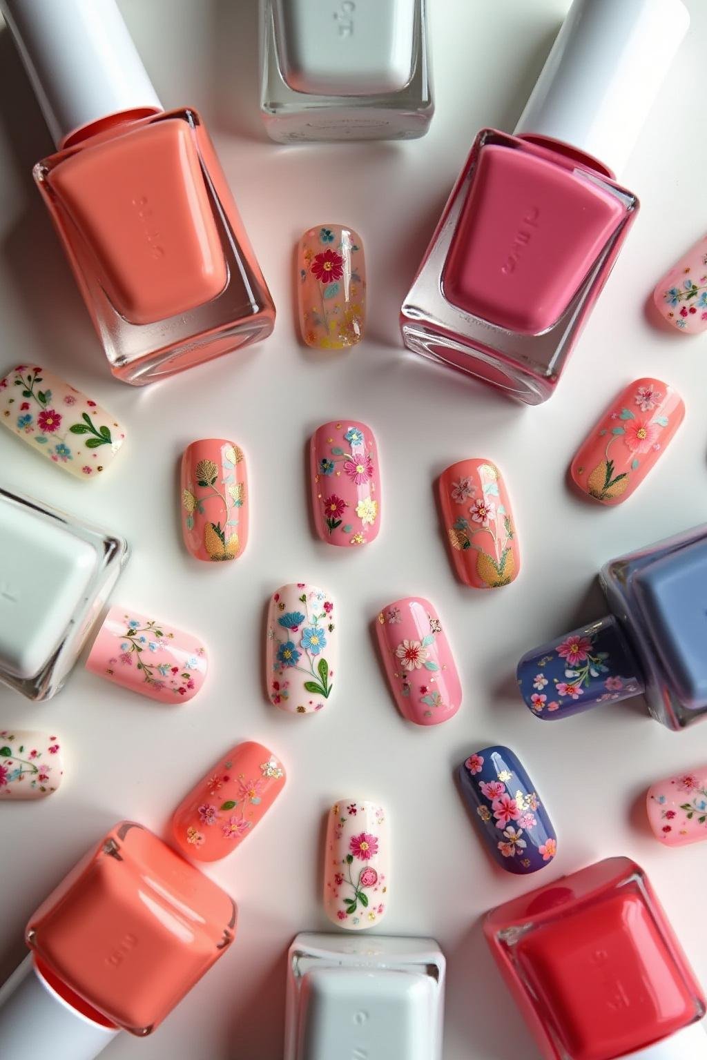 Flat lay of summer nail polishes and floral nail art designs featuring 3D flowers and trendy patterns