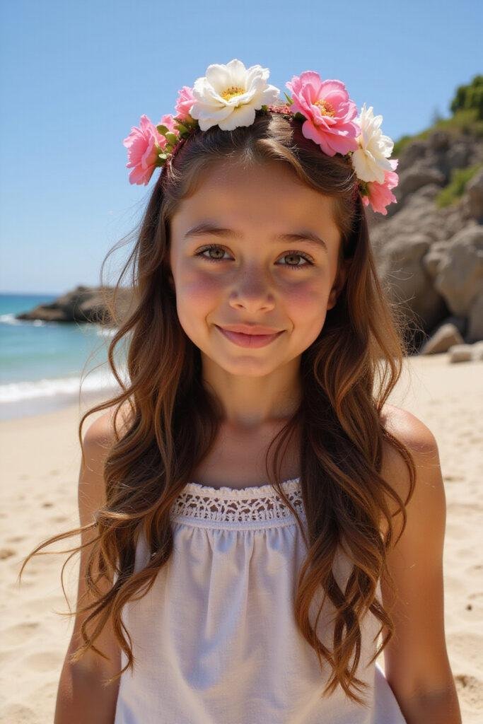 Summer girl with effortless beach waves hairstyle and floral accessories outdoors on sunny day