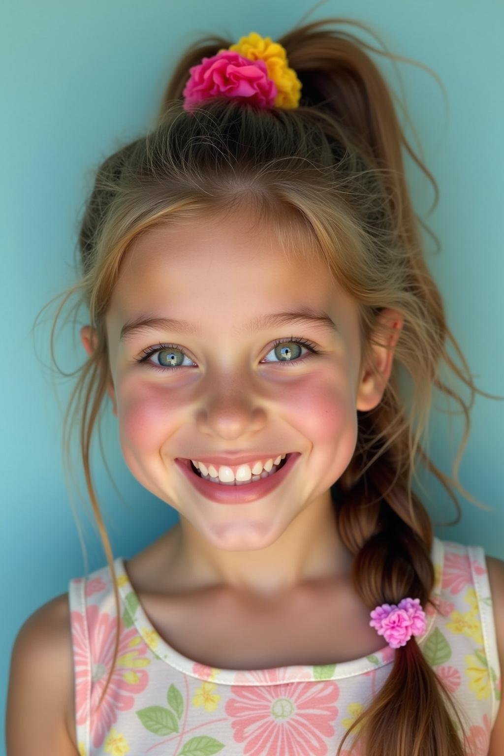 Cute girl with trendy high ponytail adorned with colorful scrunchies, smiling outdoors