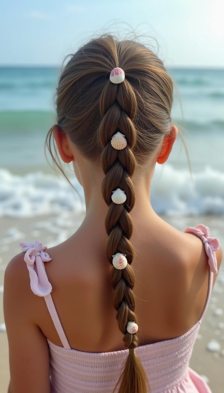Teen girl with trendy braided beach hairstyle with seashell decorations by the seaside