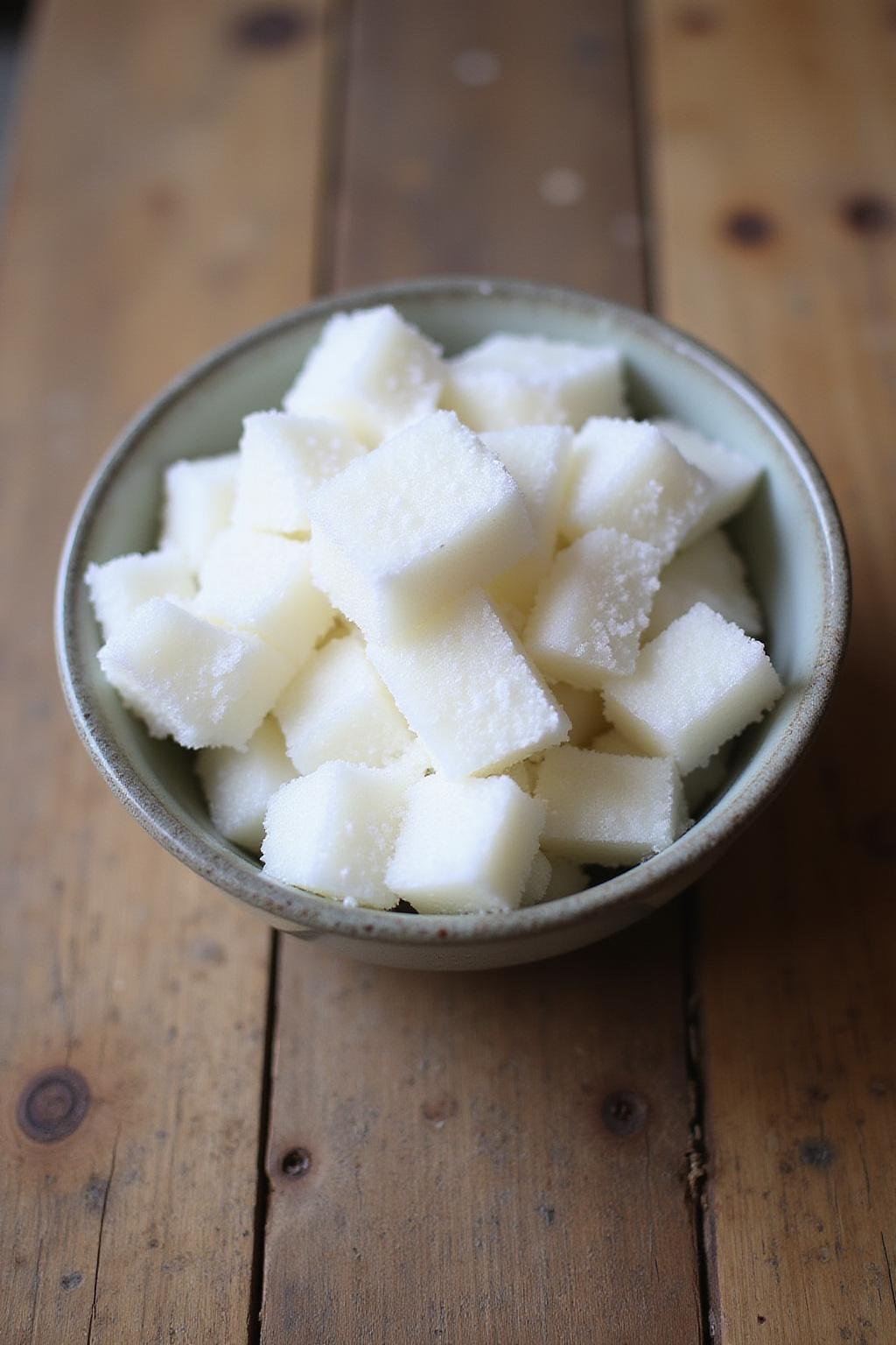 Close-up of a DIY sugar scrub with white sugar and coconut oil in a glass bowl near a wooden spoon