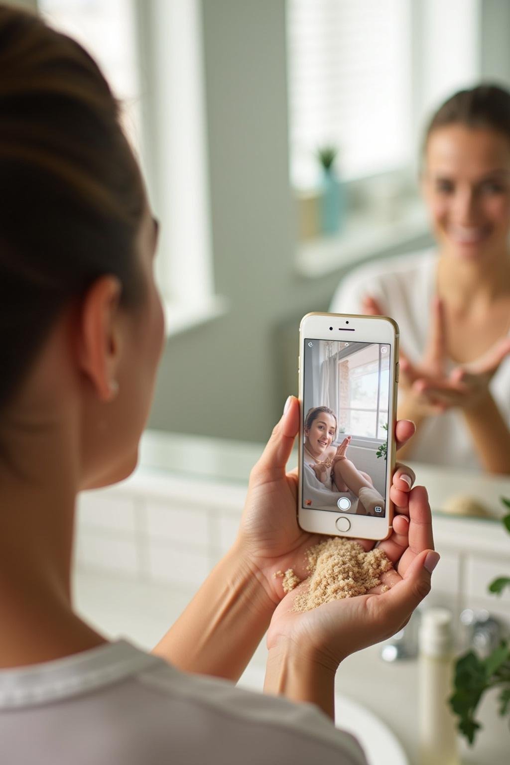 Close-up of hands gently exfoliating with DIY sugar scrub in a clean bathroom