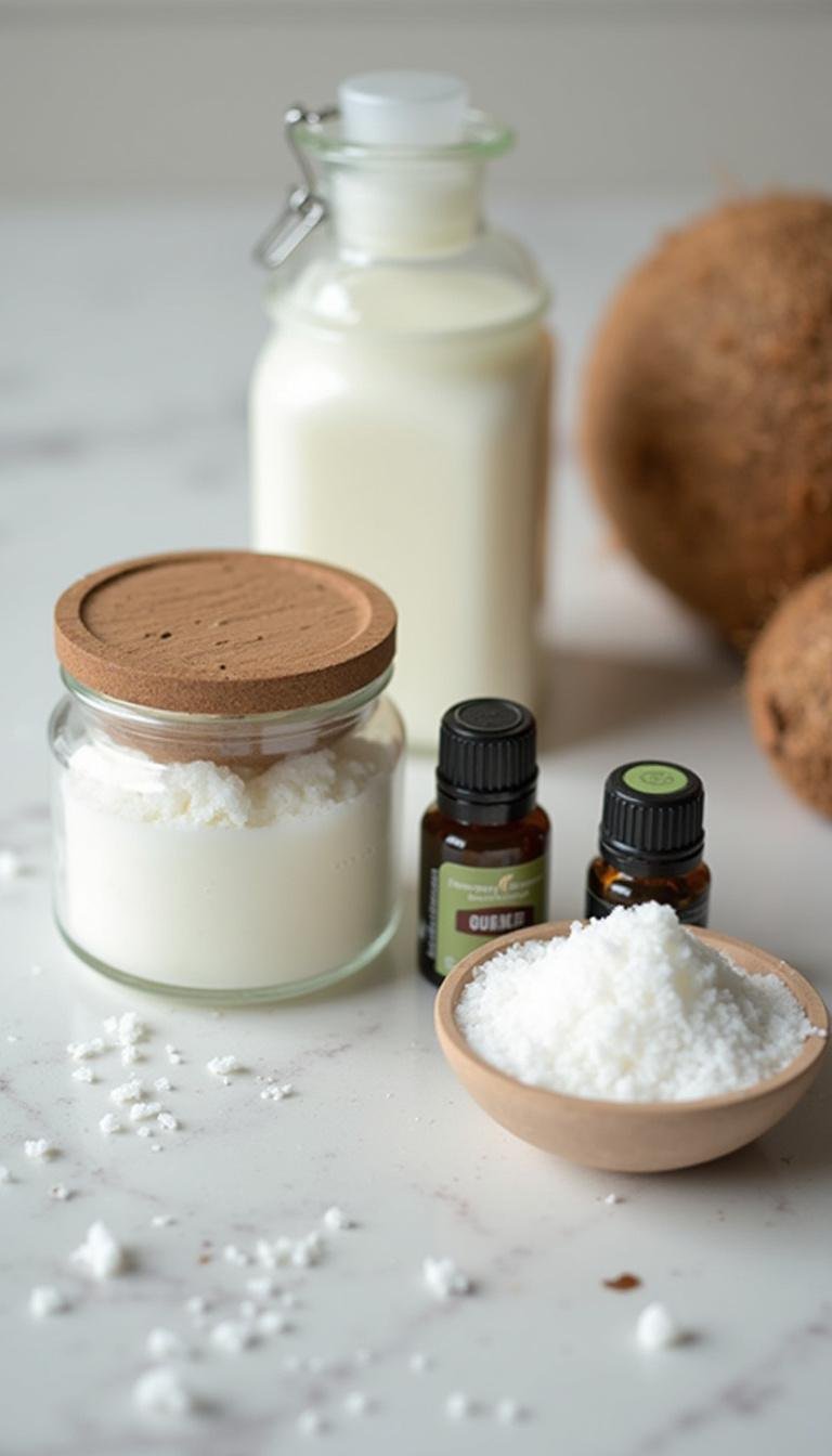 Flat lay of natural ingredients for homemade sugar scrub including sugar, coconut oil, and essential oils