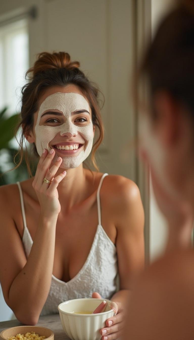 Close-up of a woman applying a gentle sugar scrub to her face during skincare routine