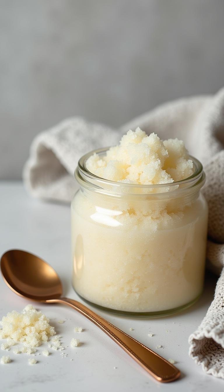 Centered image of a jar of DIY sugar scrub with a spoon and towel, ready for use