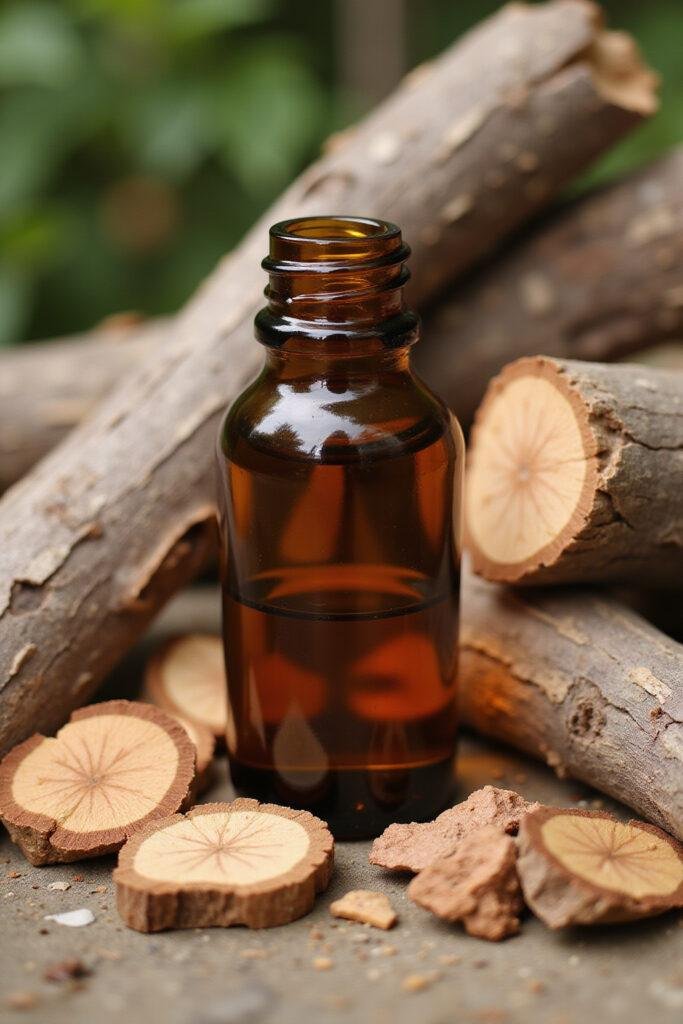 Glass bottle of cedarwood essential oil surrounded by cedarwood wood chips, showcasing natural product qualities
