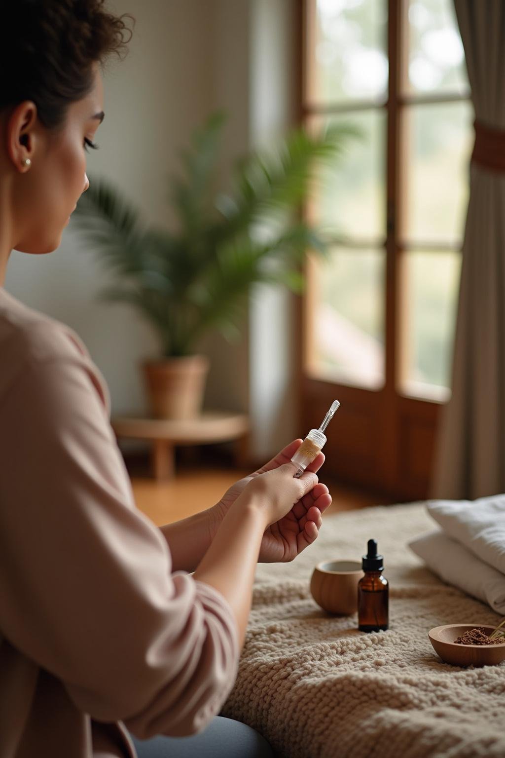 Woman applying cedarwood essential oil to her wrist for relaxation, emphasizing benefits for stress relief