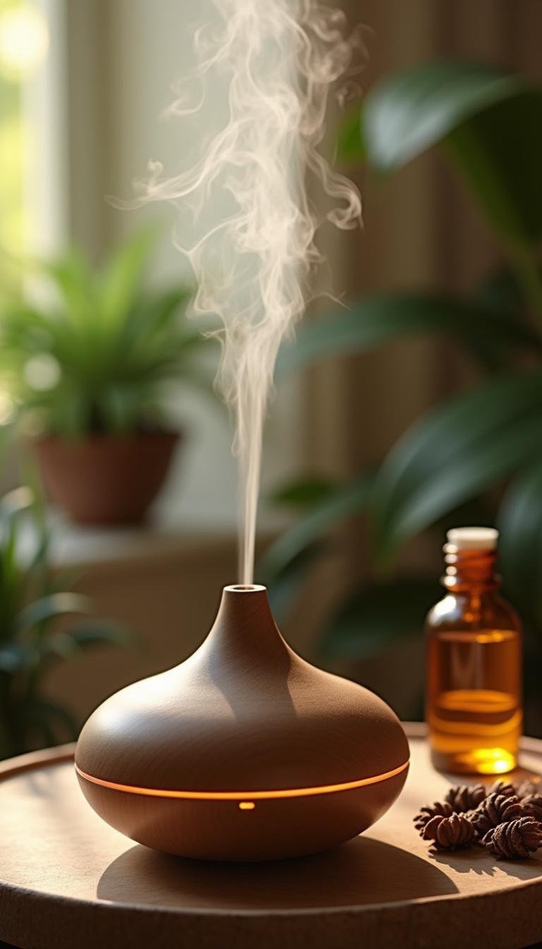 Diffuser releasing cedarwood essential oil in a tranquil spa environment, ideal for relaxation and aromatherapy