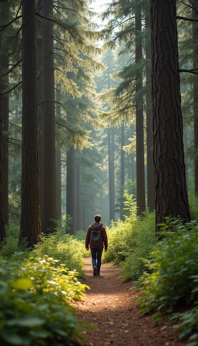 Person walking through a cedar forest, highlighting the natural origin and calming effects of cedarwood essential oil