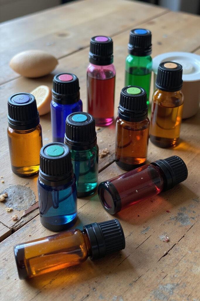 Assorted glass roller bottles containing vibrant essential oils, ready for application, on a wooden table