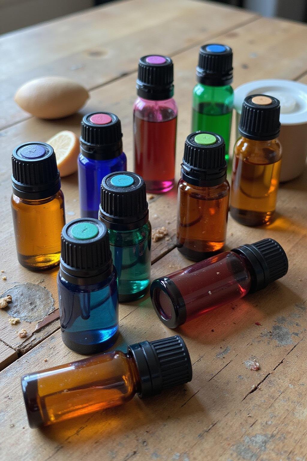 Assorted glass roller bottles containing vibrant essential oils, ready for application, on a wooden table