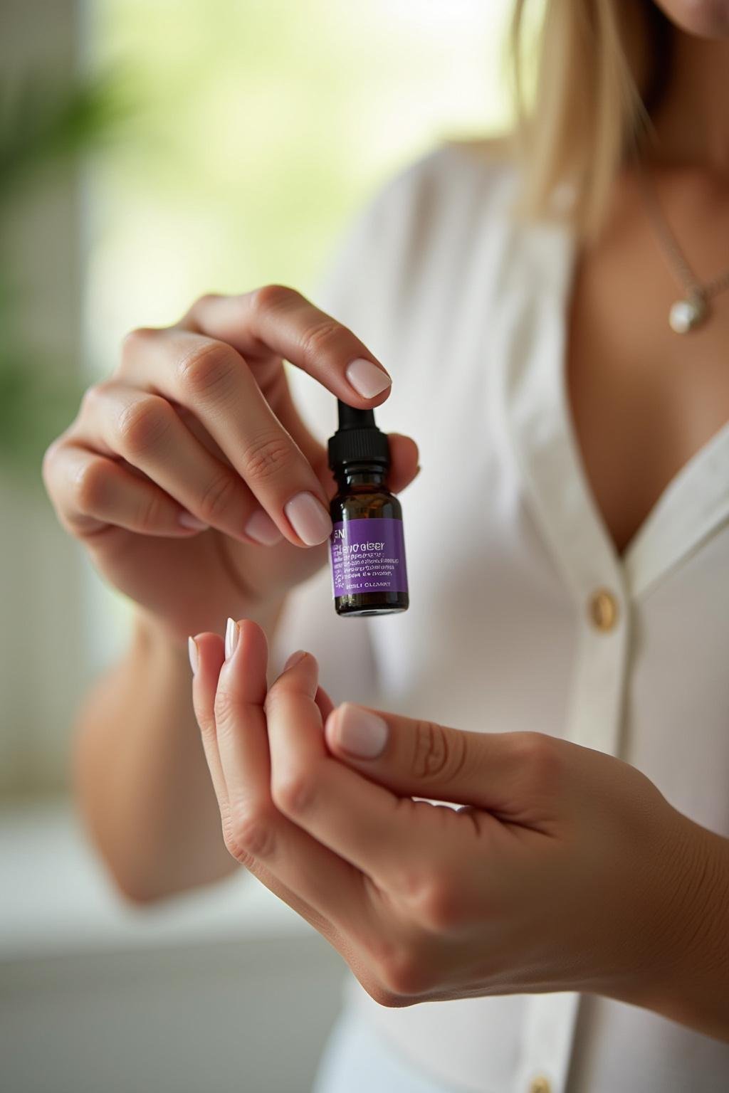 Person applying lavender essential oil from a roller bottle to their wrist outdoors
