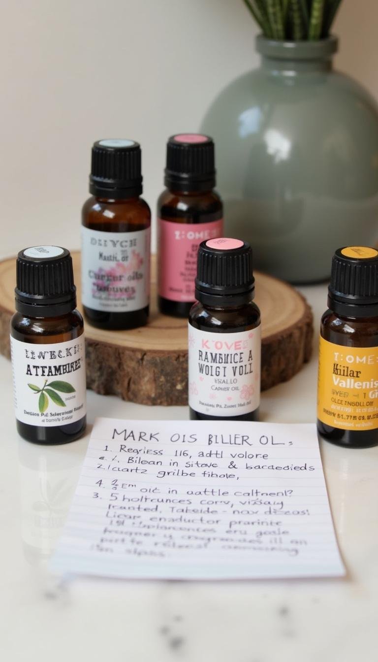 Essential oils, carrier oils, and a handwritten recipe card for creating roller bottle blends, on a kitchen counter
