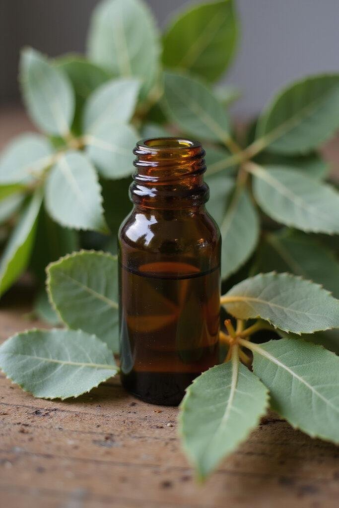 Eucalyptus essential oil with fresh eucalyptus leaves, ideal for cold relief