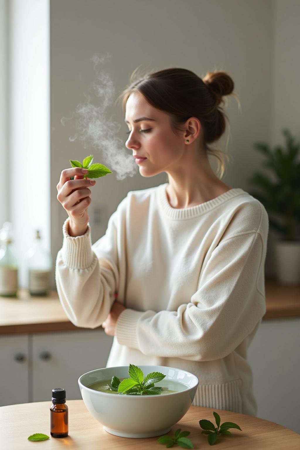 Woman inhaling peppermint essential oil steam to relieve cold symptoms