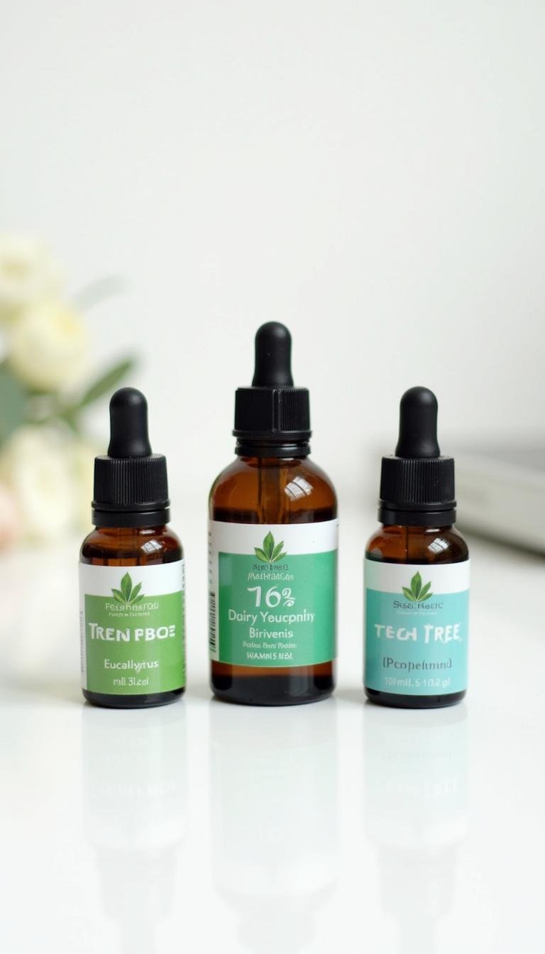 Assorted essential oils for colds, including tea tree, eucalyptus, and peppermint