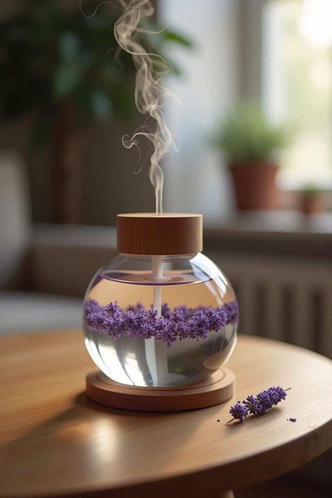 Diffuser with lavender essential oil emitting mist in a cozy room setting