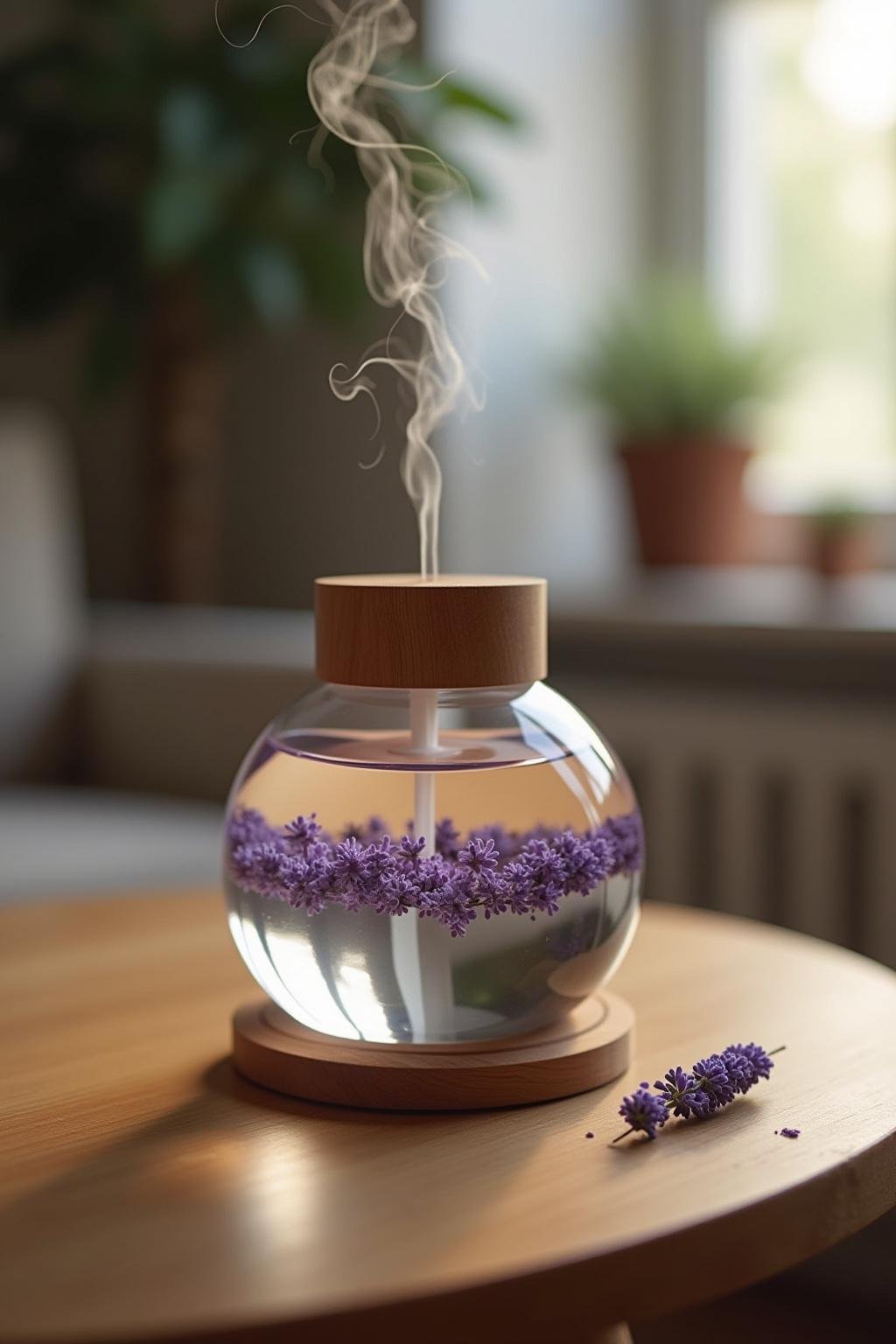 Diffuser with lavender essential oil emitting mist in a cozy room setting