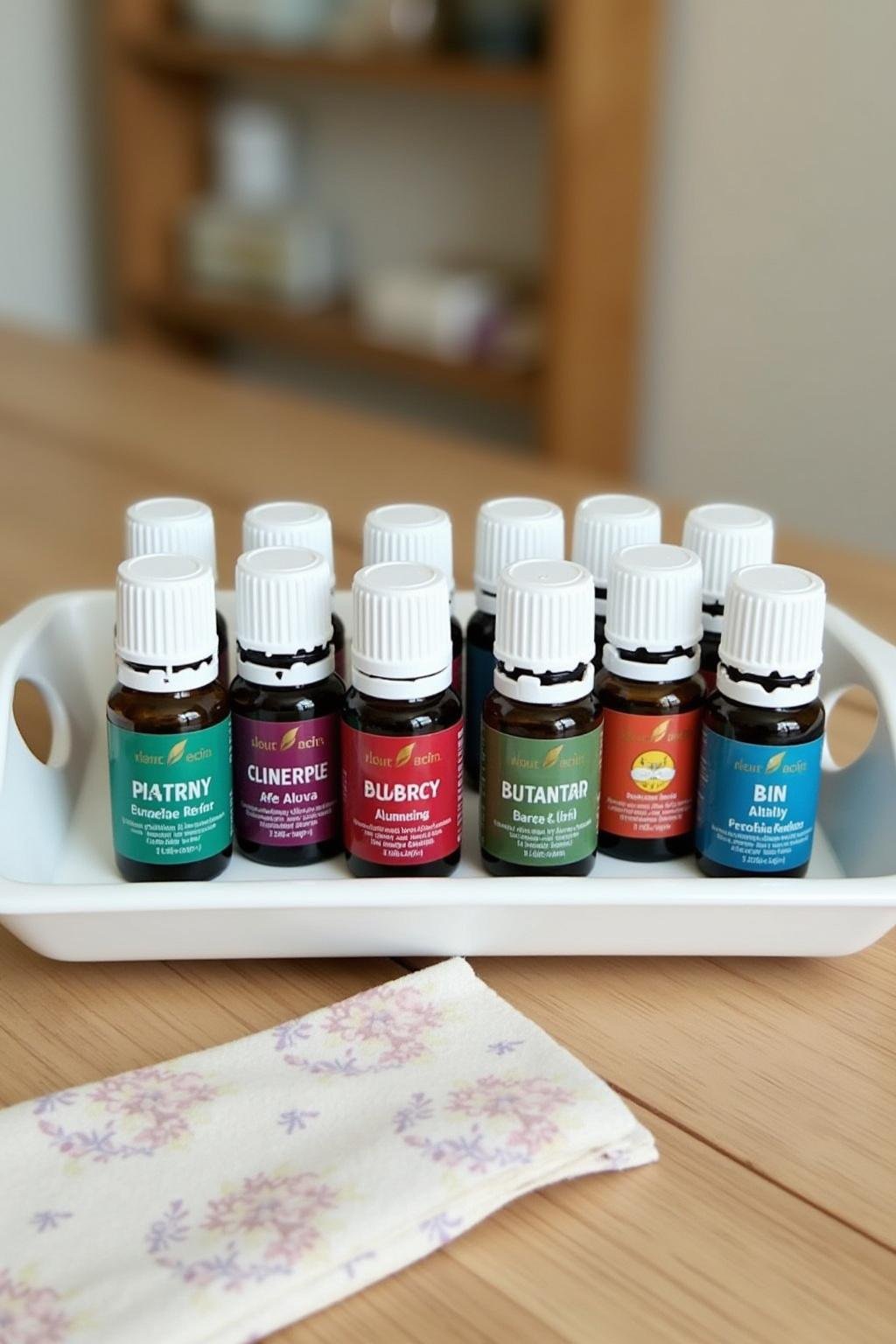 Assortment of essential oil bottles labeled for allergy remedy on a white tray