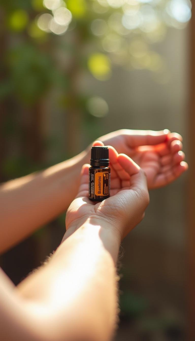 Person applying allergy relief roller blend with essential oils on wrist in sunlight