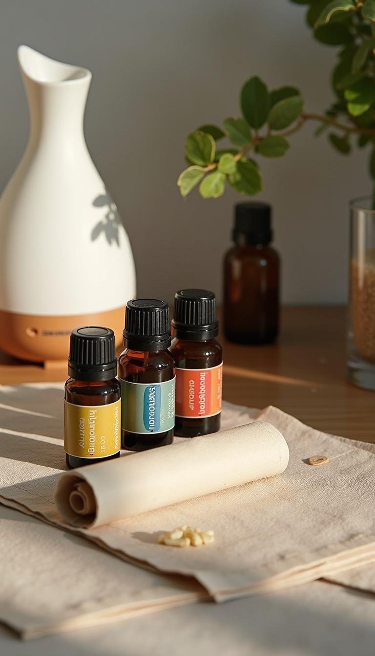 Arrangement of essential oils, diffuser, and allergy blend recipe on table