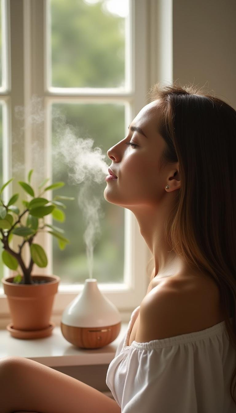 Person inhaling diffuser mist for allergy relief in a calm indoor setting