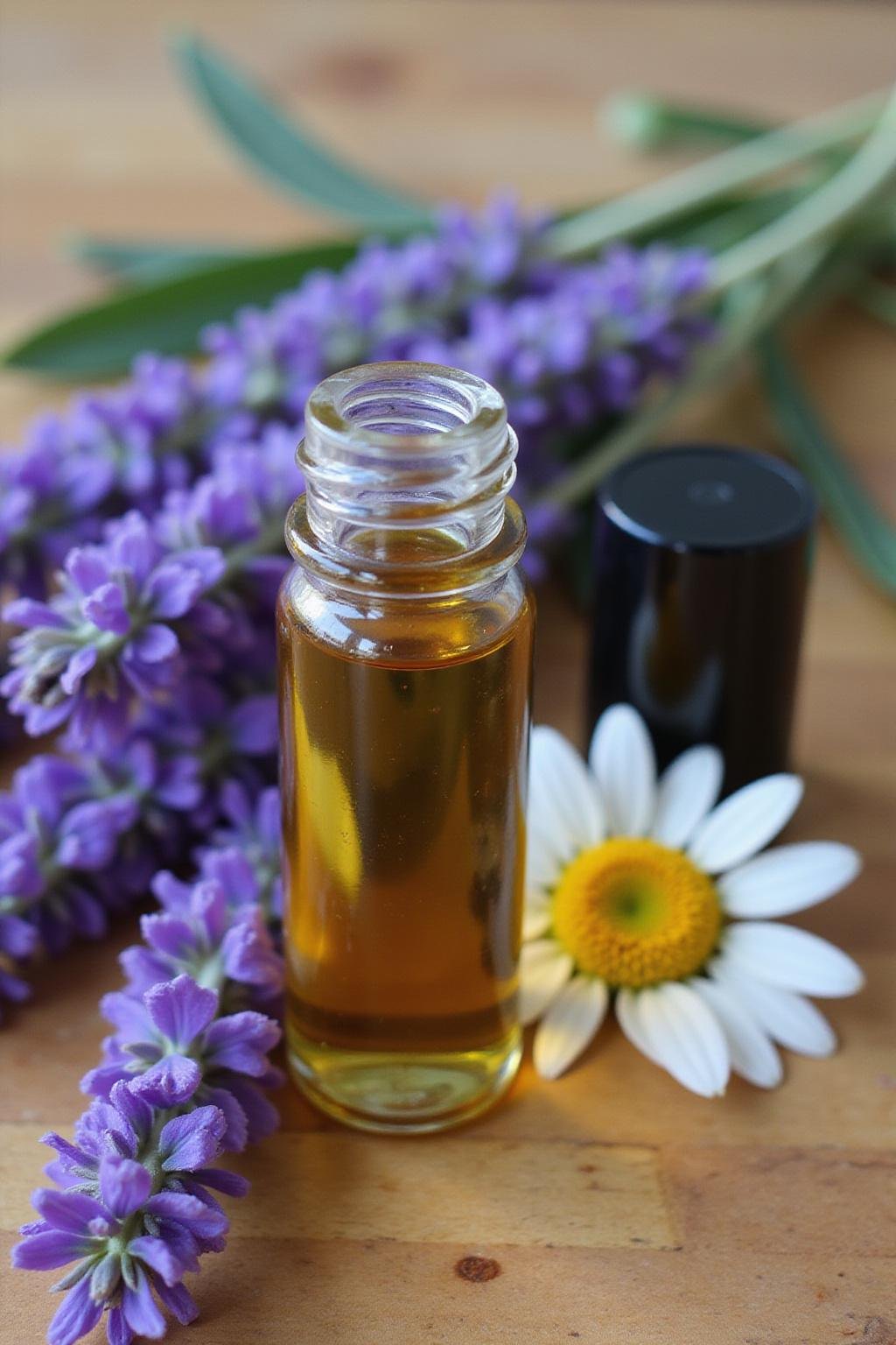 Essential oil roller bottle containing hormone balancing blend with lavender and chamomile flowers around it