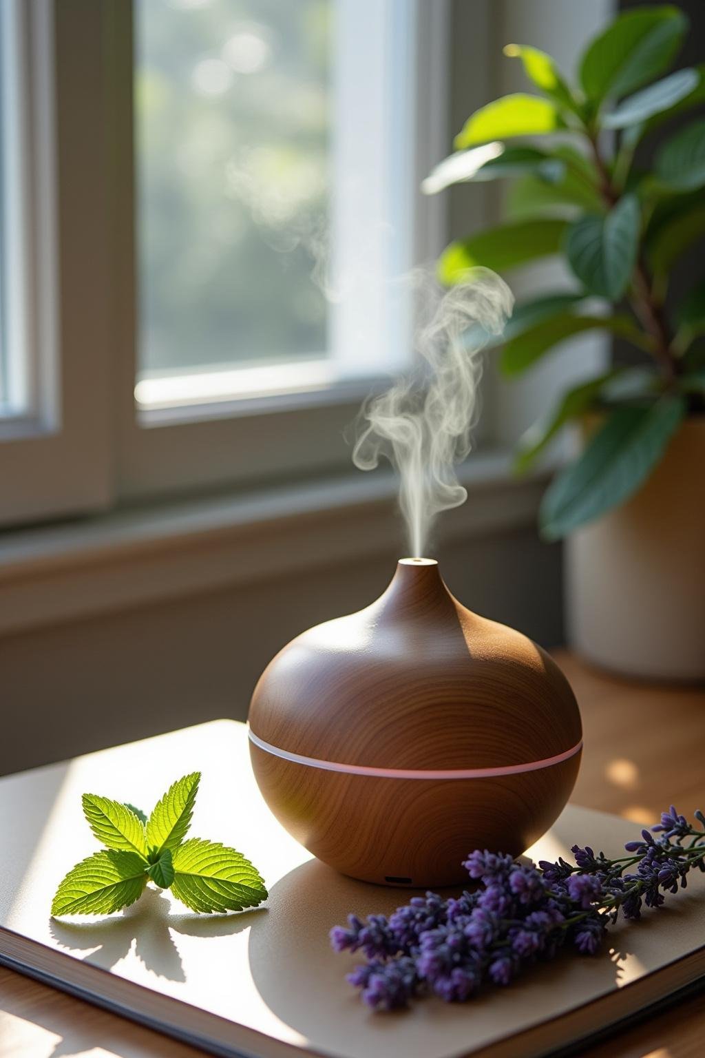 Diffuser with essential oils emitting steam, surrounded by lavender and peppermint leaves for hormone balance