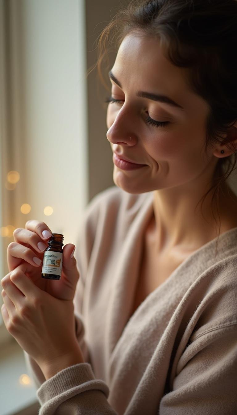 Woman applying hormone balancing essential oil roller to wrist for relaxation and wellness