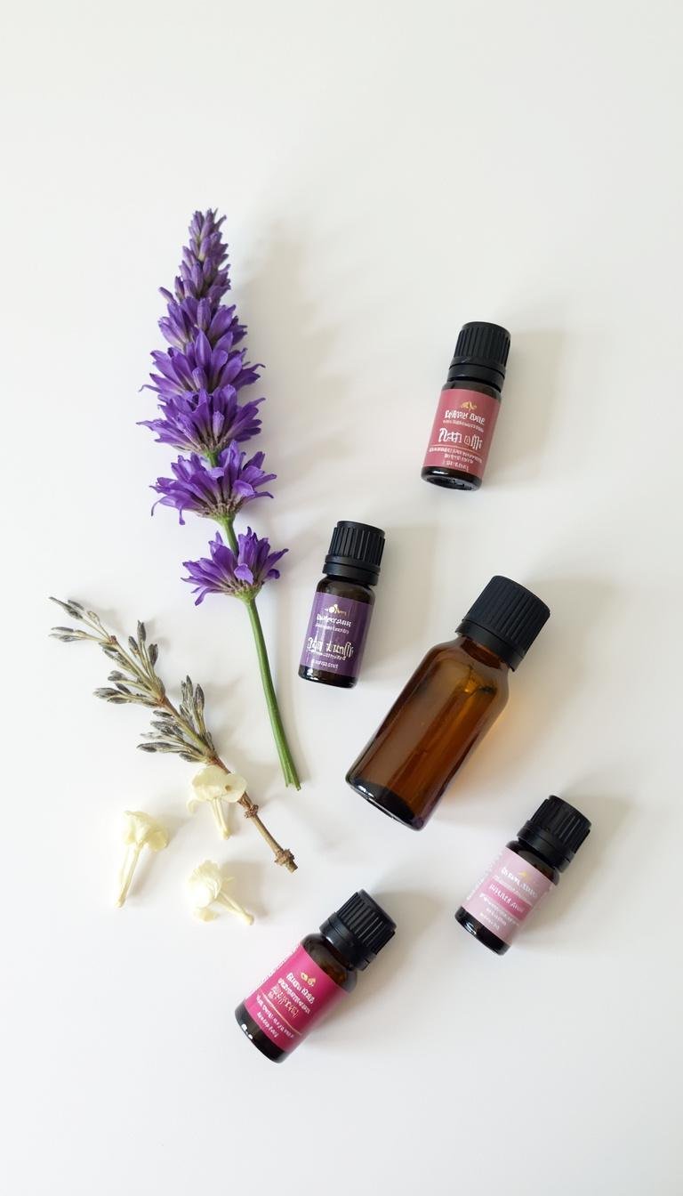 Assorted essential oils and a labeled roller bottle for hormone balance on a white background