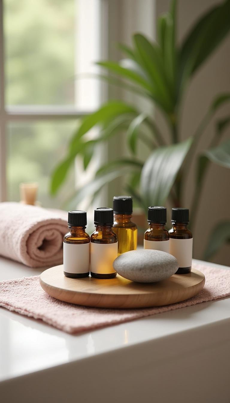 Spa setting with essential oils, massage stones, and towels for hormone balance relaxation