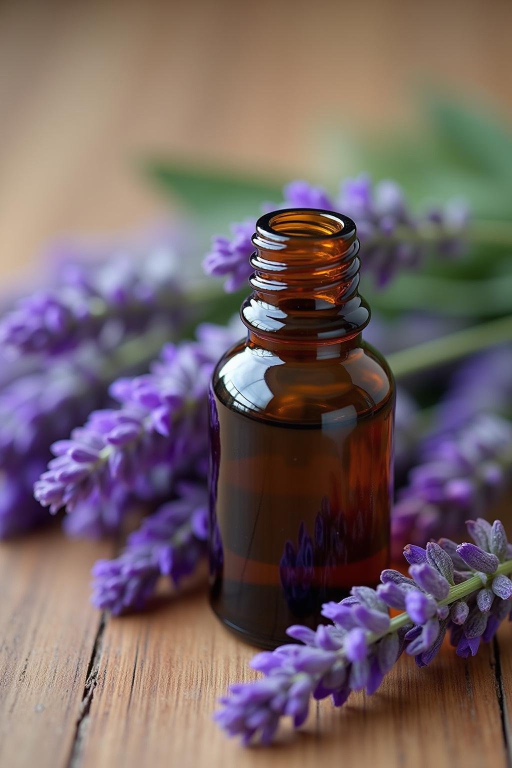Lavender essential oil in a glass bottle with lavender flowers, promoting relaxation for sleep