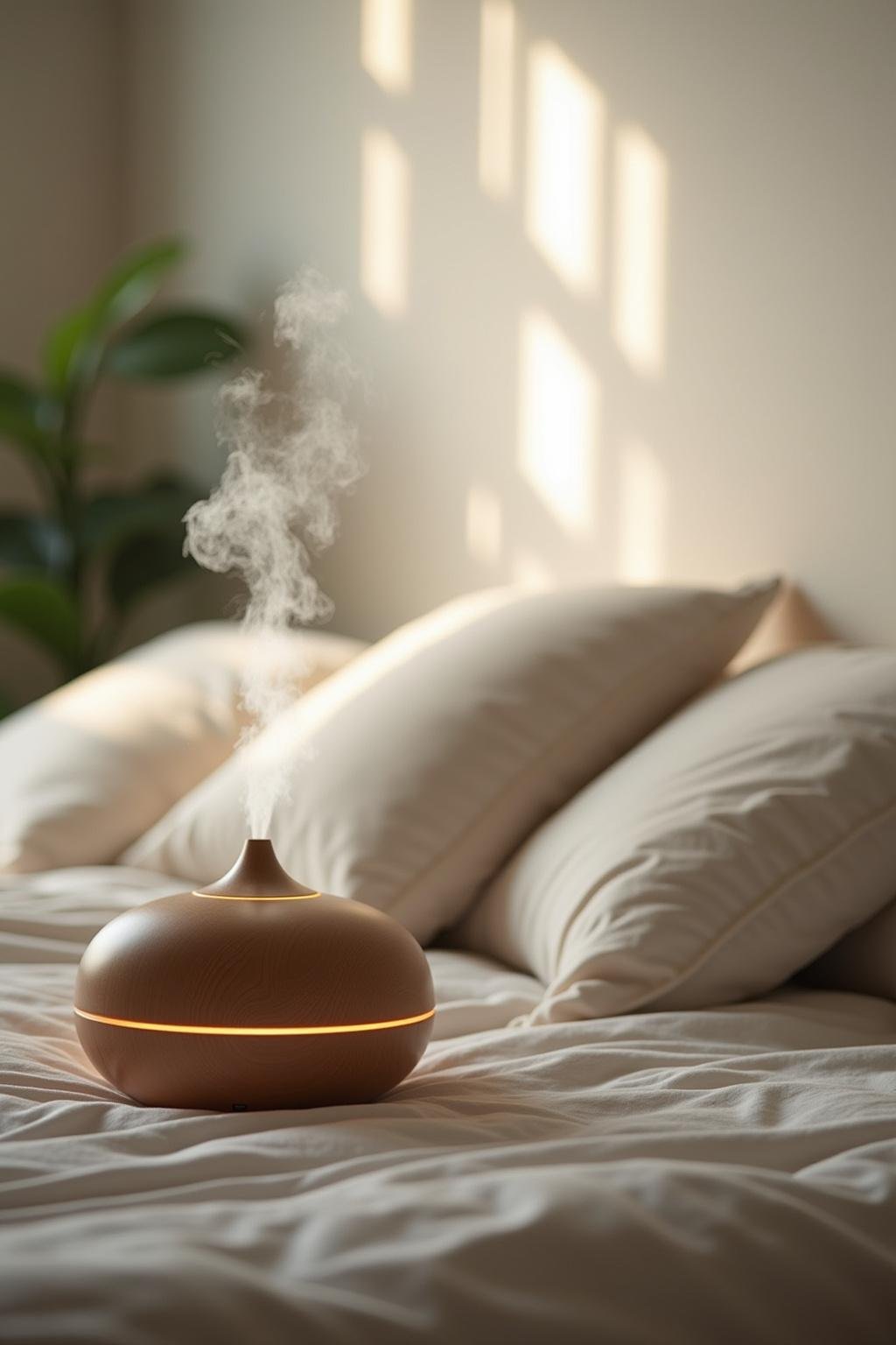 Diffuser releasing essential oils in a cozy bedroom setting, enhancing sleep with aromatherapy