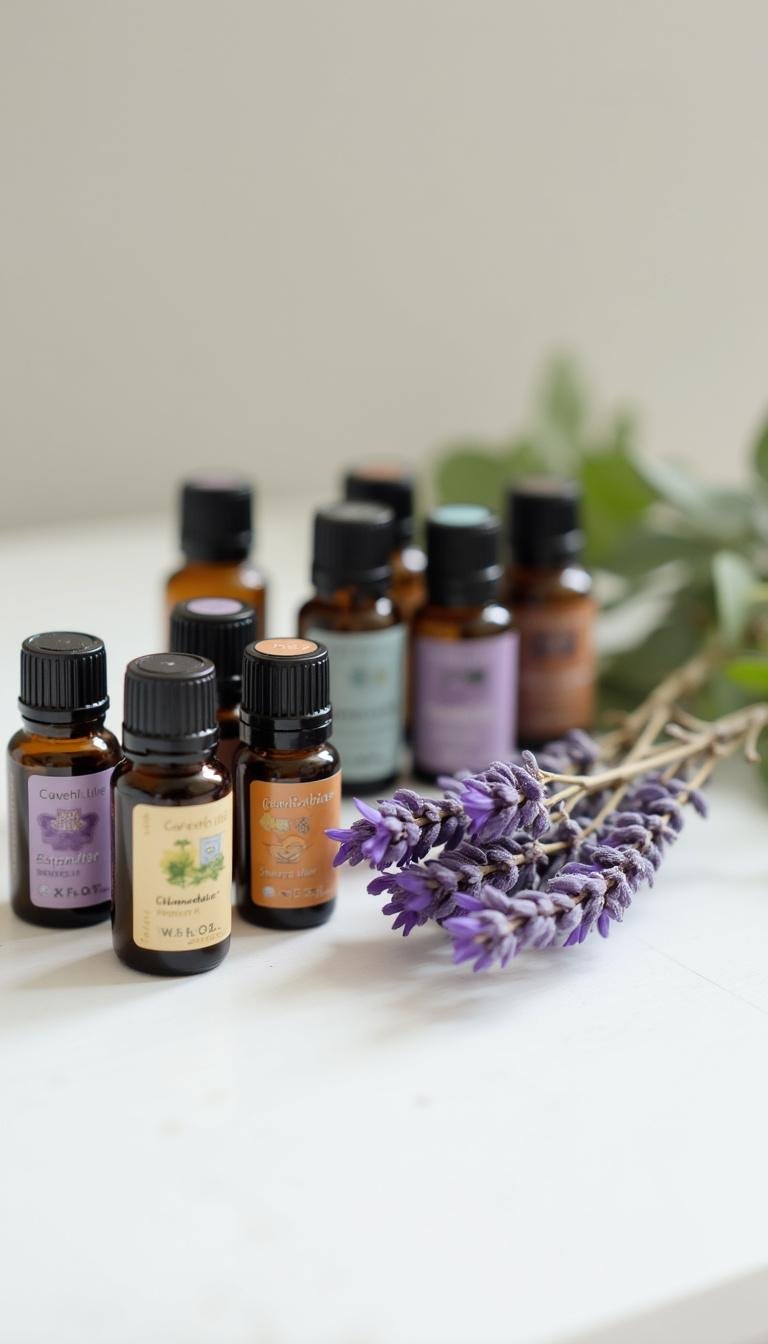 Selection of essential oils bottles for sleep therapy, including lavender, chamomile, and cedarwood